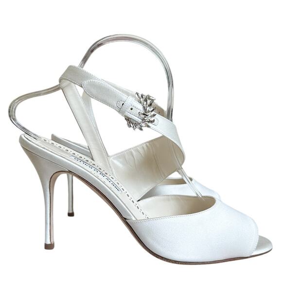 Manolo Blahnik White Satin Havelopa Crystal High Heel Sandal 40.5 - Picture 12 of 12